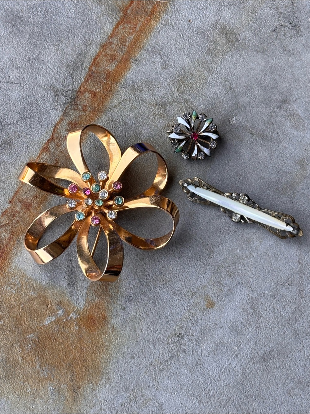 Vintage Brooch Trio Signed Coro Rhinestone Bow Pin Enamel Flower White Inlay Bar